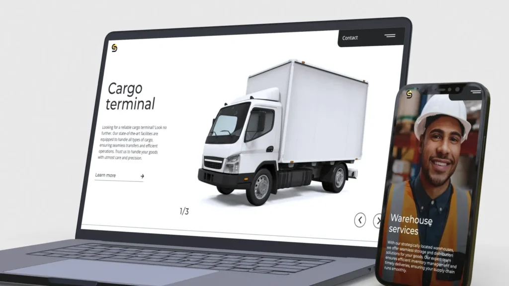 Split-screen mockup showcasing a responsive logistics website design on mobile and laptop devices.
