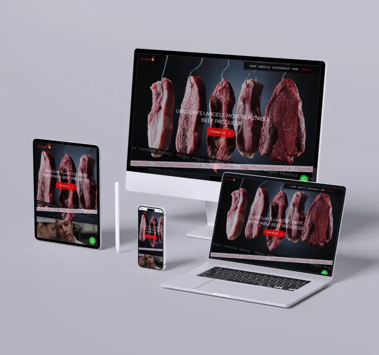 Split-screen mockup showcasing a static webpage design for e-commerce meat exporters, displayed on various devices.