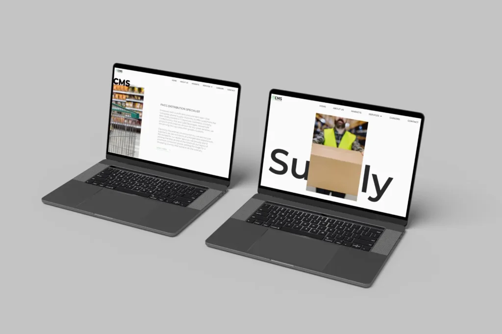 Dual laptop mockups showcasing an accessible FMCG website design with easy navigation.