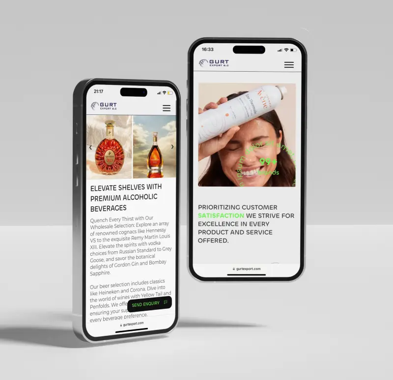 Split-screen mockup showcasing two FMCG product page layouts on mobile phones displayed on a white background.