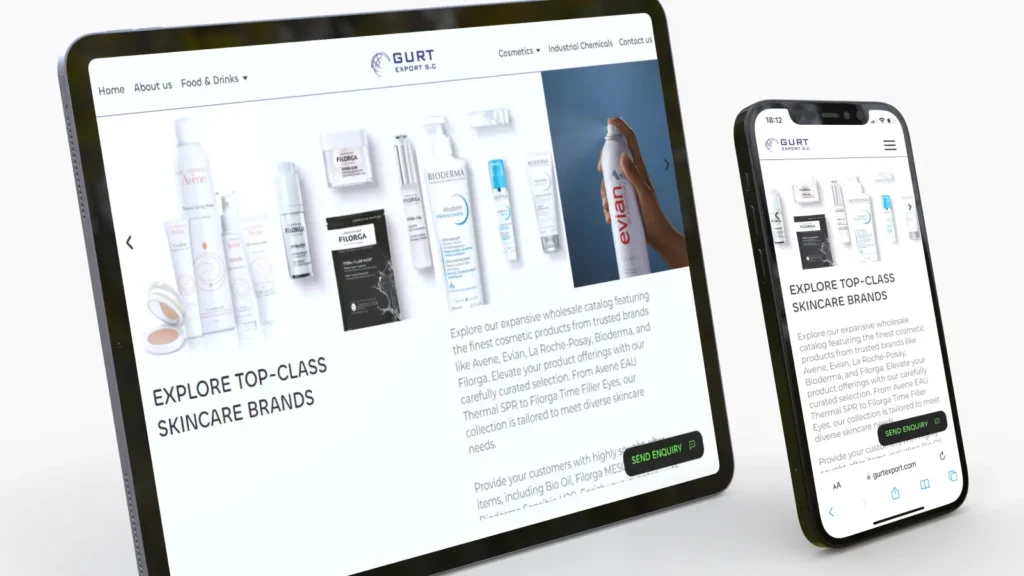 Mockup of a skincare product page design displayed on both a tablet and a phone.