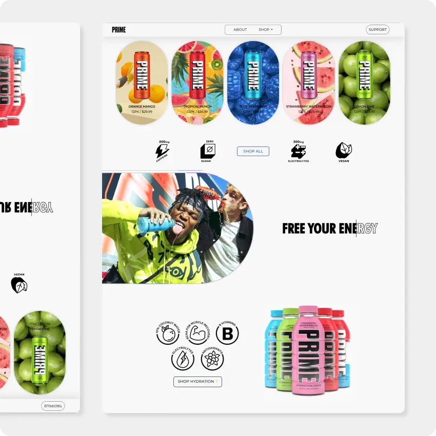 Layout of an energy drink e-commerce website design featuring product images and call to action buttons.